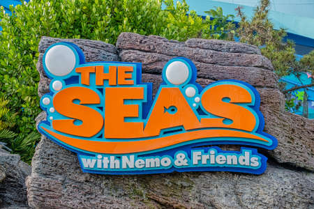 Sign at the entrance to the Seas with Nemo ride at Epcot Disney Worldのeditorial素材