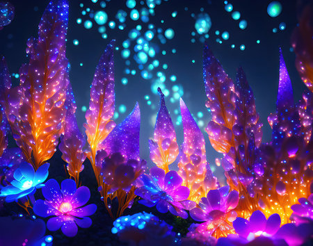 Abstract Neon night lit flower scene. AI Generatedの素材