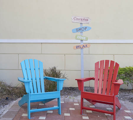 Wooden chairs for relaxation at oudoor shopping centerの写真素材