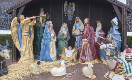 Christmas Season.  Birth of Christ. Outdoor Nativity Scene on front lawn of church