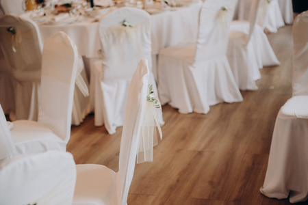 Restaurant celebration decoration. White romantic decorの写真素材