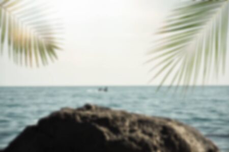 Blurred summer ocean with green palm leaves and sun. Defocused nature landscapeの写真素材