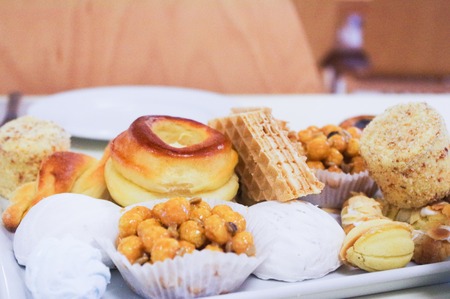 different kinds of homemade cookies on tableの写真素材