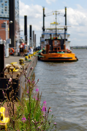 a yellow Tug Boat in the port of Hamburg at the pierの写真素材
