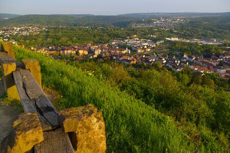 PFORZHEIM, GERMANY - April 29. 2015: cityview from Memorial of Bombing City on the Wallberg Rubble Hill in Pforzheim, Germany, Gold City in the Black Forestの写真素材