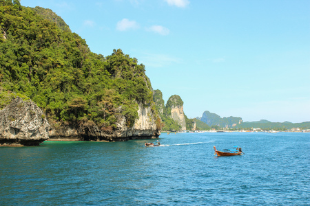 Longtrail boat on Loh samah bay at phi phi island, krabi Thailand.の写真素材