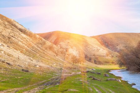 sunny riverside valleyの写真素材