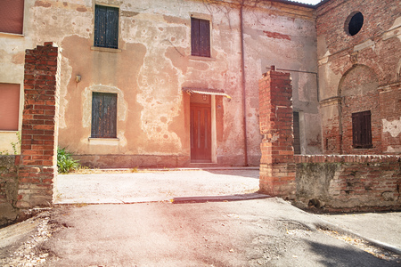 entrance with pillars made of bricksの写真素材