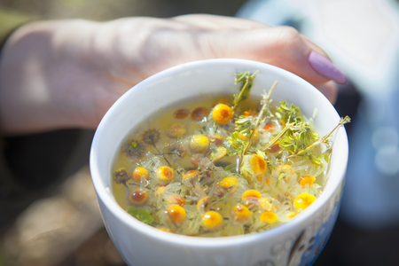 Cup of chamomile tea in handの写真素材