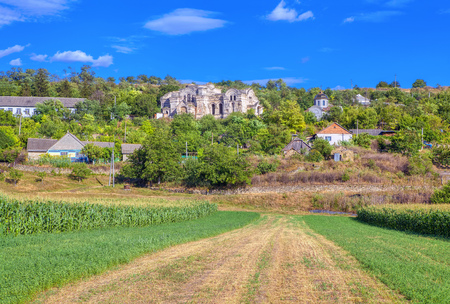 country road to old mansion in villageの写真素材