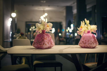 Japanese-style room with orchids in vaseの写真素材