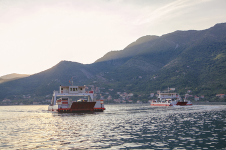 ferry boat in open waters in the bayの写真素材