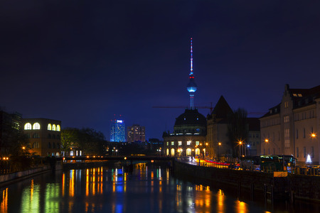 night view of Berlin and Spree riverの写真素材