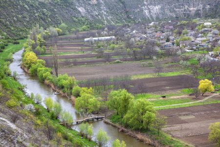 Aerial landscape with Raut river in Butuceni village , Moldovaの写真素材
