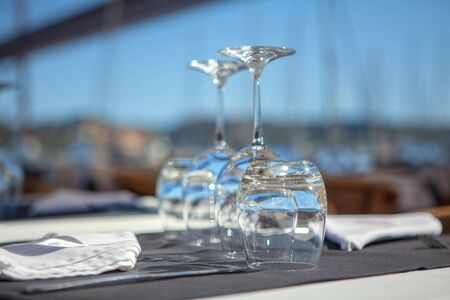 empty glasses on the table in restaurantの写真素材