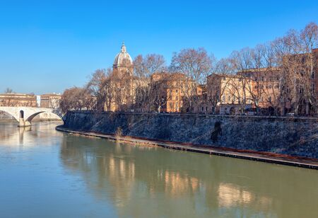 View of Tiber river and bridge Principe Amedeo Savoia Aosta in Romeの写真素材