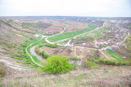 aerial landscape of rustic settlement in the spring seasonの写真素材