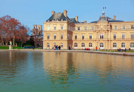 Luxembourg Palace in Paris reflected in the waterのeditorial素材