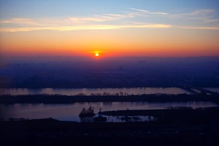 Aerial view of Vienna and Danube in the evening