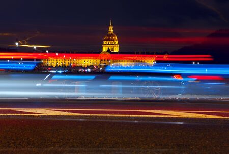 Avenue du Marechal Gallieni in the night , Les Invalides view of famous building in Parisの写真素材