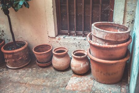 dirty clay pots , vintage street decorの写真素材