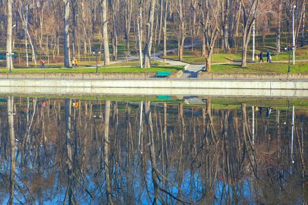 Spring park reflection in the lake water . People walking in the morning city parkの写真素材