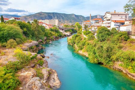 Scenery of Mostar city in southern Bosnia and Herzegovina . View of Lucki most and Neretva River in Old Mostar Townの写真素材