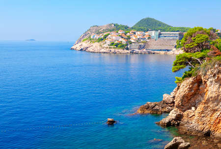 Touristic resort in Dubrovnik . Scenery of Adriatic Sea. Coastal hotels in Croatiaのeditorial素材