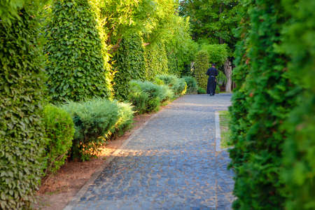 priest walks along the path in the parkの写真素材