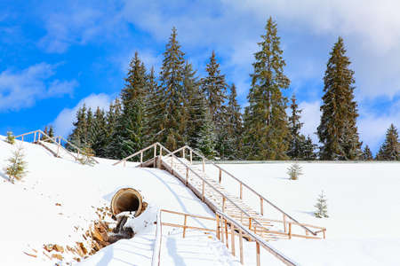 Fir Trees on the snowy hill . Wooden Staircase in the winterの写真素材