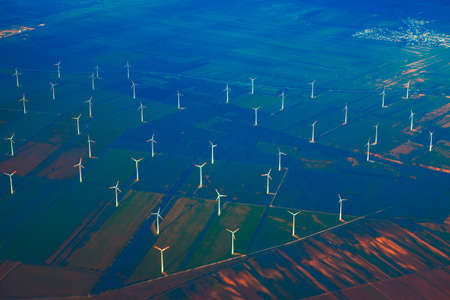 Aerial view of wind turbines . Fields with aerogeneratorsの写真素材