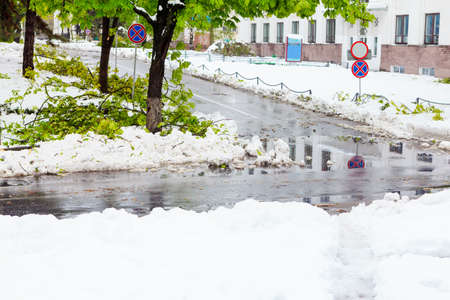 Snow on the city street in the springtimeの写真素材