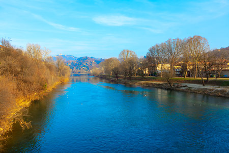 Scenery of river Po in Turin Italy . Park situated on the riversideの写真素材