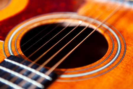 Acoustic Guitar Hole with Stringsの写真素材
