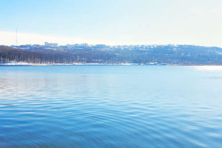 City blue lake scenery in the early springの写真素材