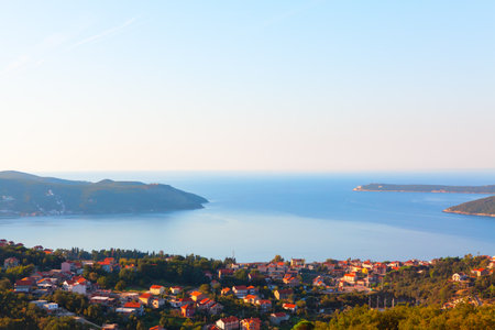 Panorama of Herceg Novi and Adriatic Sea in Montenegro . Aerial view of Kotor Bayの写真素材
