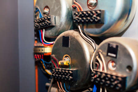 Electrical panel with contractors . Electrician job .  Vintage electrical appliances in production