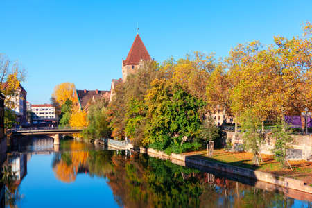 Pegnitz River in Nuremberg Old Town . Heubrucke bridge in Nurnberg Germanyの写真素材