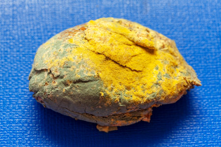Mouldy rye bread , blue background . Spoiled food