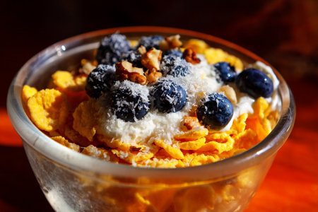 Cornflakes with blueberries , healthy eating for breakfast