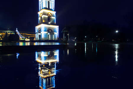 Bell tower in the night . Steeple in the Christmas night in Chisinau Moldova downtown
