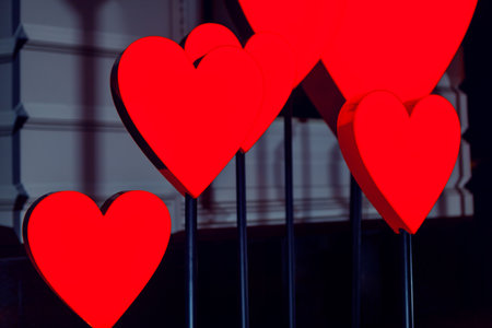 Red hearts street decoration . Valentine's day street decorの写真素材