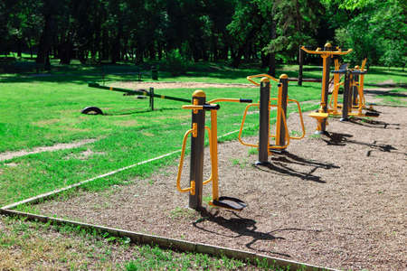 Playground in European park . Training apparatus in the spring parkの写真素材