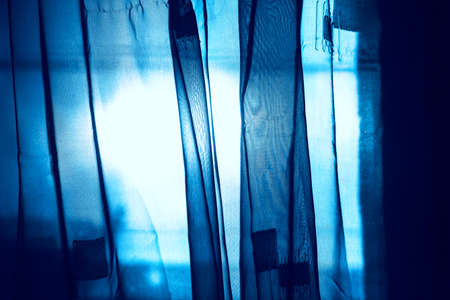 Curtains in blue light , room interior view . Moonlight in the windowの写真素材