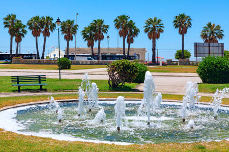Fountain in the tropical park . Splashing water and palm treesの写真素材