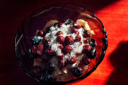 Coffee flakes with coconut . Tasty breakfast in the plateの写真素材