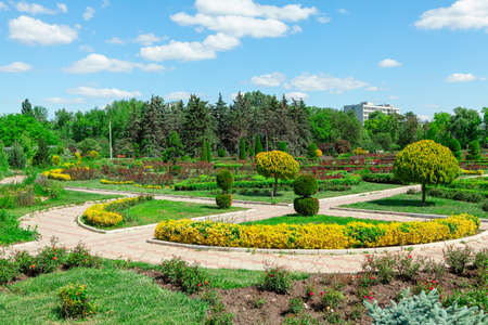Ornamental garden with walking path . City park in summer