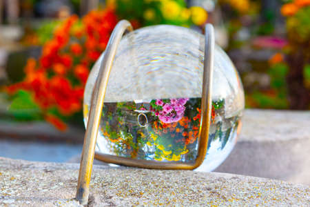 Flowers reflected in the crystal sphere . Glass ball with colorful reflection