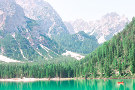 Pines lake mountains scenery . Gorgeous Alpine lake . Evergreen coniferous forest at coast . People...