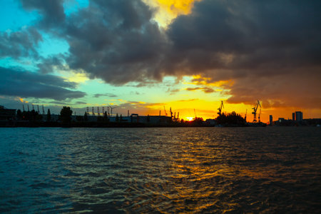 Sunset over maritime port . Twilight and Commercial dockの写真素材
